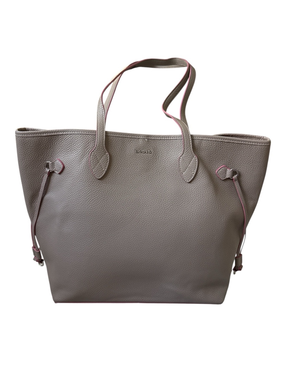 LODIS Pebbled Leather Tote Bag in Taupe with Pink Trim